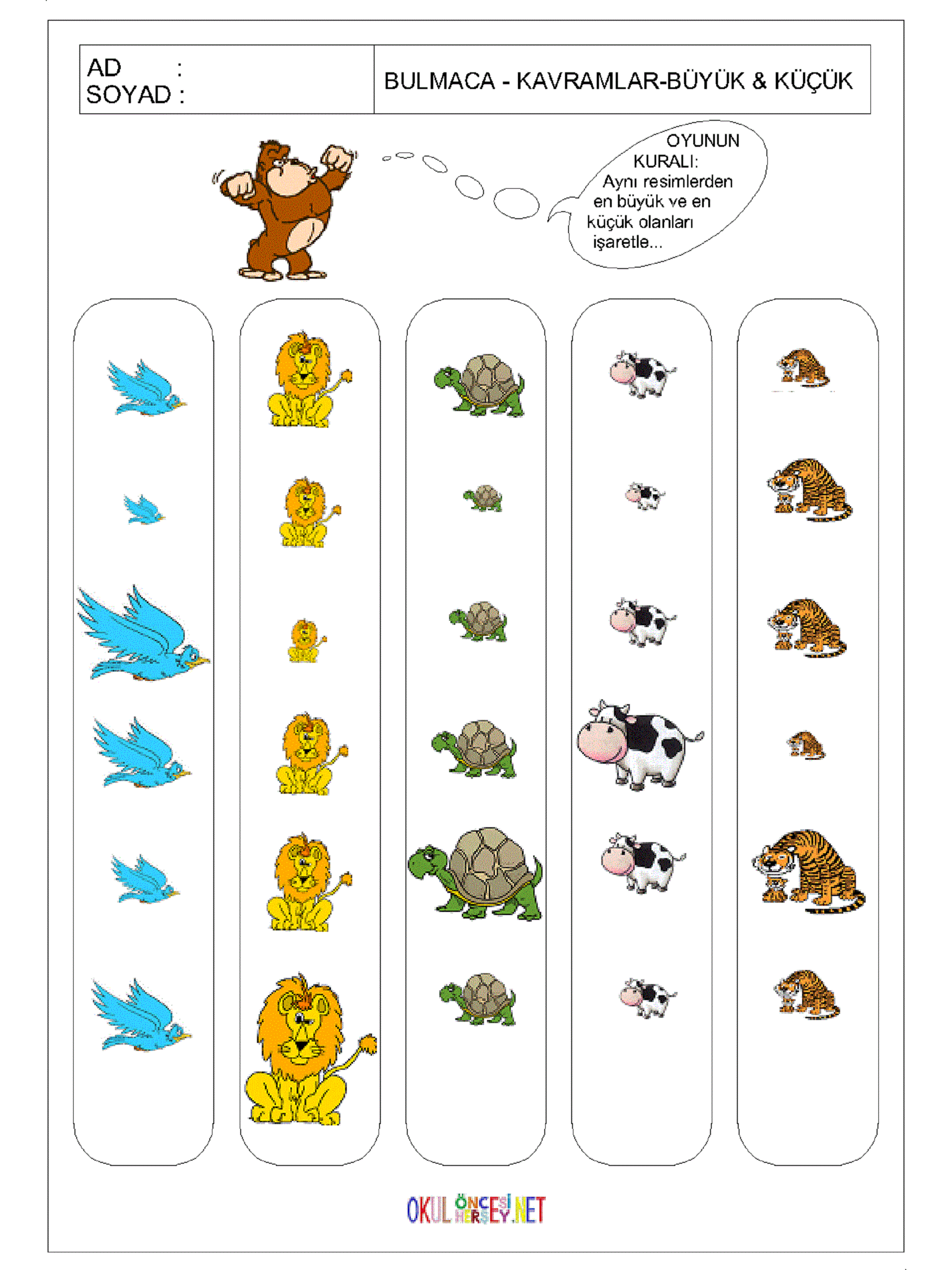 okul öncesi büyük küçük kavram çalışma sayfaları